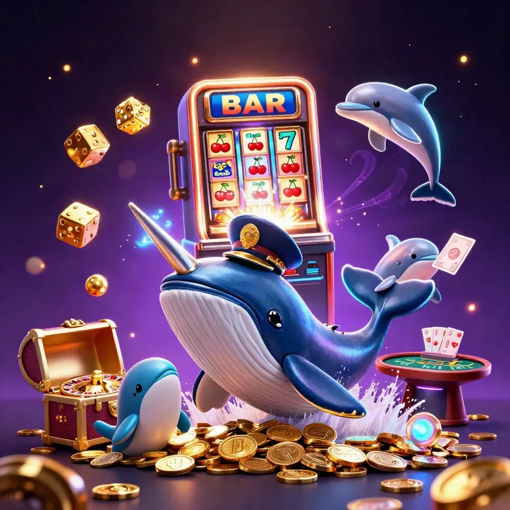 Whale captain, narwhal, and dolphins burst through coins, slot machine rays, and blue neon casino chaos
