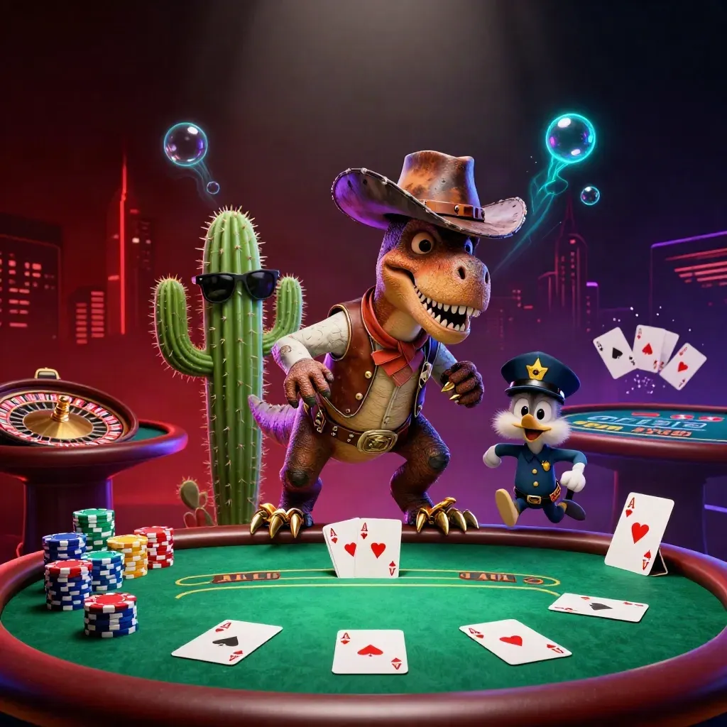 Cowboy T-Rex, cactus sidekick and sheriff roadrunner amid casino chips and neon glow.