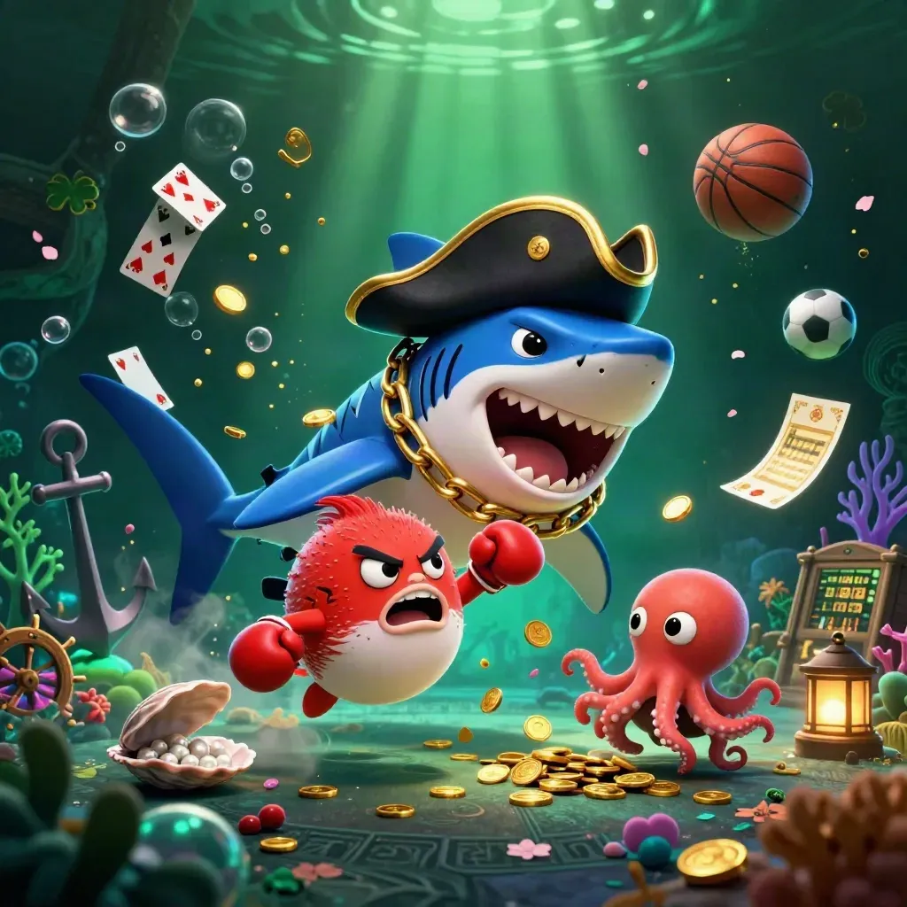 Shark pirate, boxing pufferfish and coin-juggling octopus in a glowing underwater cove.