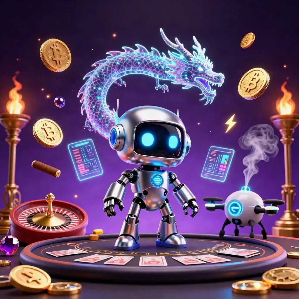 Cyberpunk robot, holographic dragon and drone in a neon casino with coins, roulette and cards.