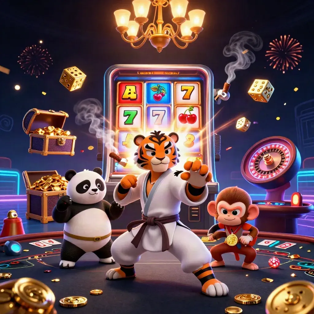Tiger, panda, and monkey in a neon casino with slot bursts, gold, and smoky chandelier glow.