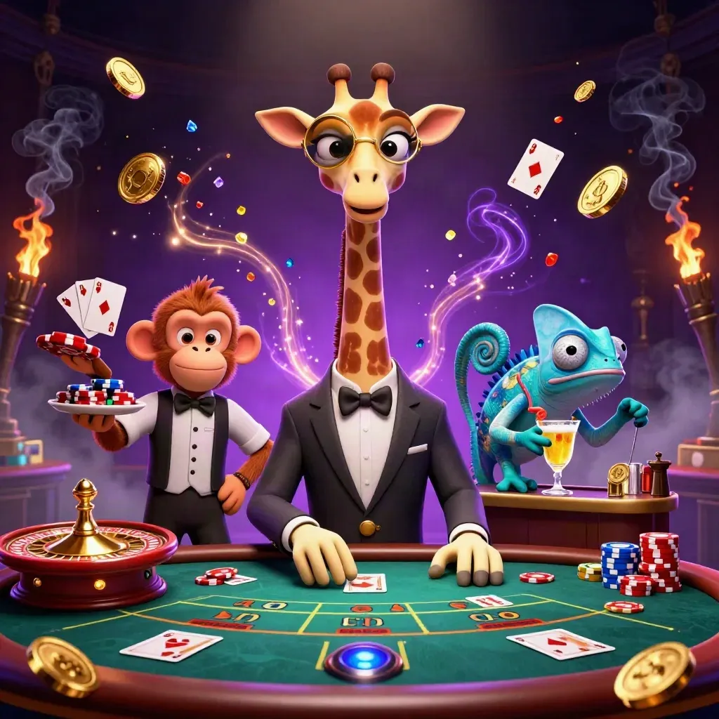 Cartoon giraffe, monkey valet, and chameleon bartender amid casino lights, coins, gems, and roulette.