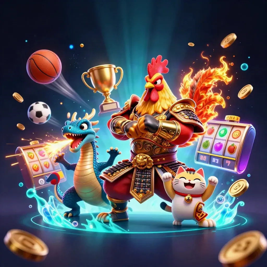 Rooster warrior, dragon hatchling, and fortune cat amid casino sports chaos and blue glow