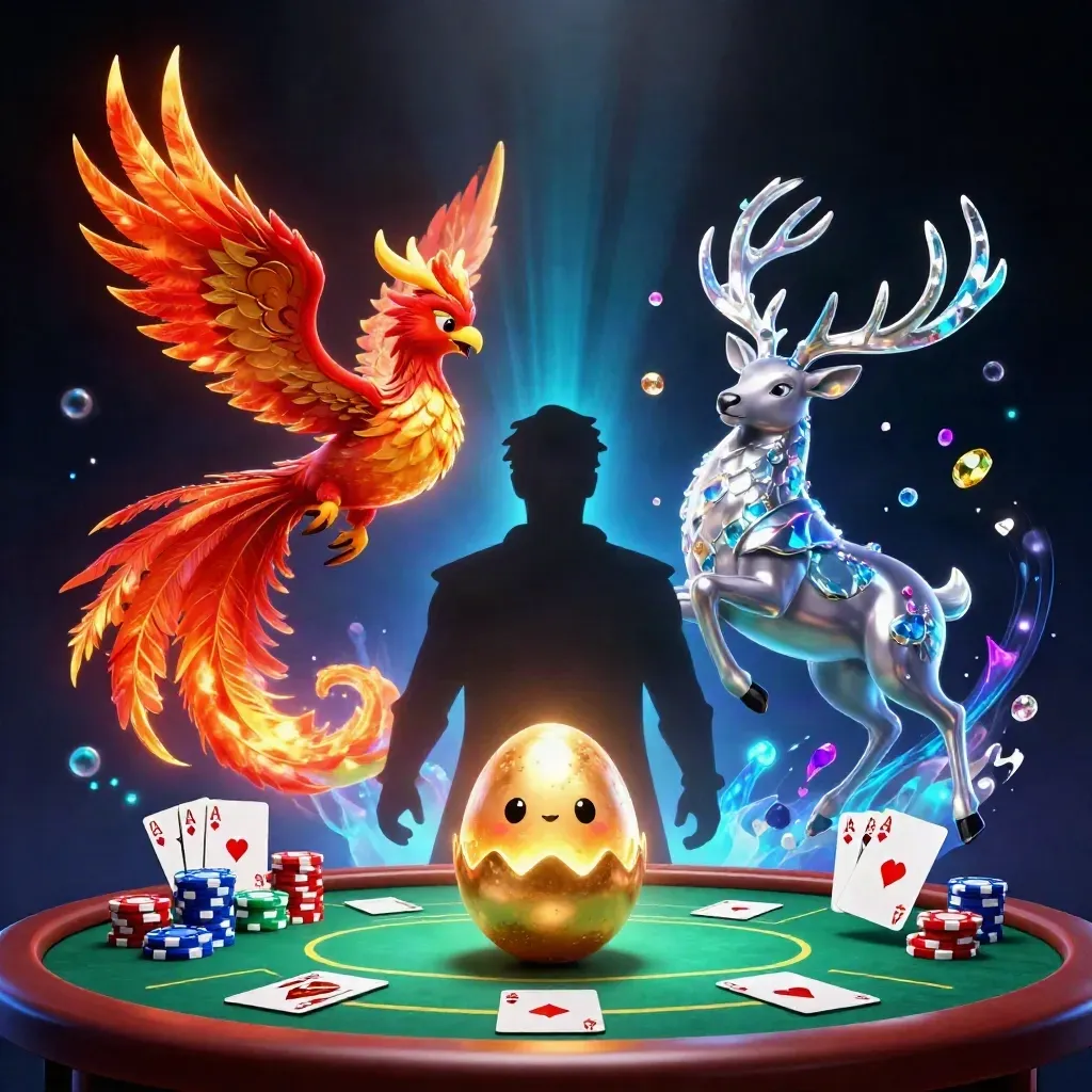 Fire phoenix, baby phoenix, and crystal stag amid casino chips on a neon-blue dark backdrop.
