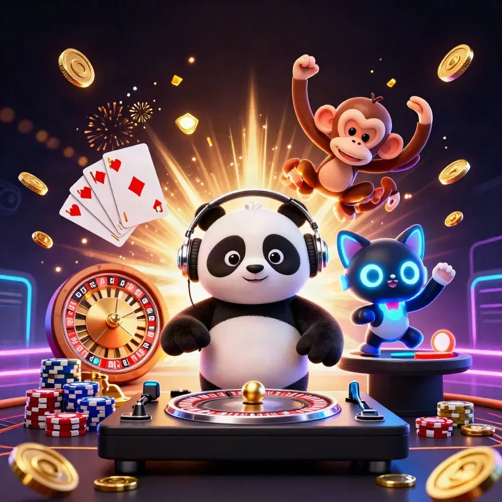 Panda DJ, monkey and kitten amid neon casino coins, cards and a vault burst