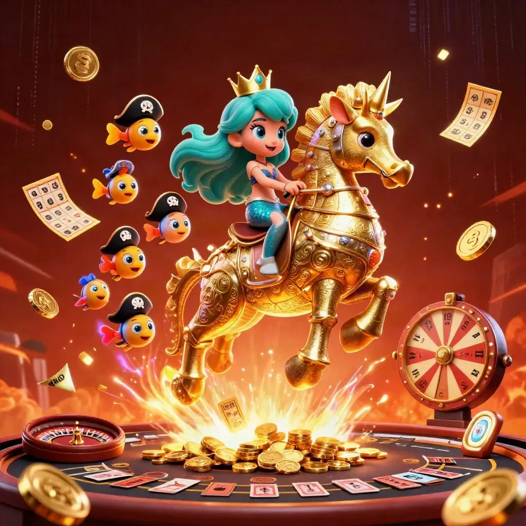 Mermaid princess on golden seahorse amid casino treasures, coins, fireworks, and neon effects.
