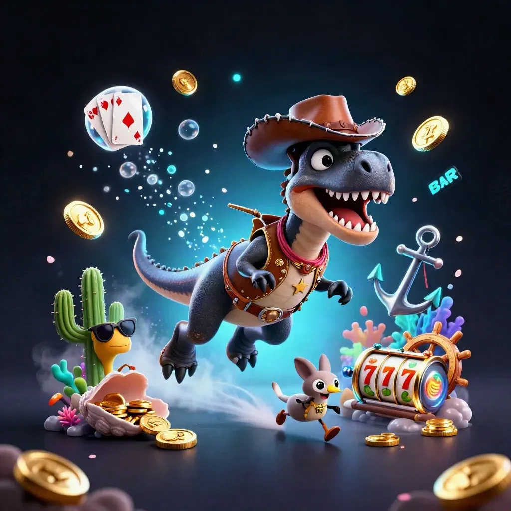 Cowboy T-Rex trio amid neon treasure cove with slot symbols and blue chrome glow.