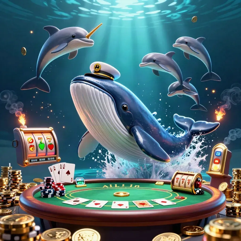 Captain whale, narwhal and dolphins burst through coins around a slot-and-poker casino tableau.