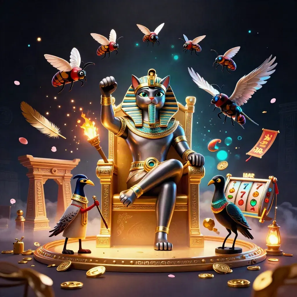 Pharaoh cat on golden throne with ibis scribe, scarabs, coins, reels, and blue neon magic.