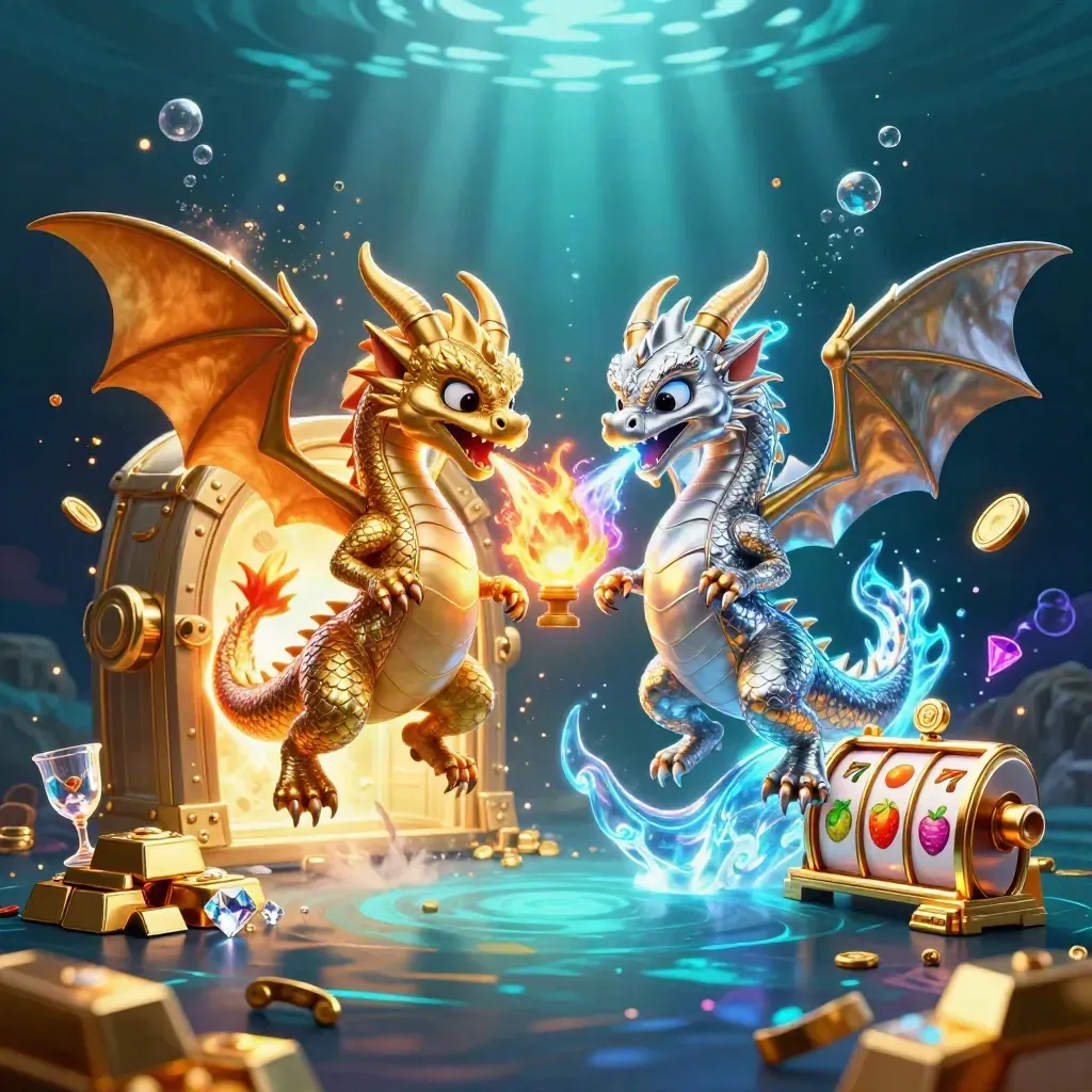 Twin gold and silver dragons yin-yang through treasure, vault door, coins, gems in neon underwater glow.