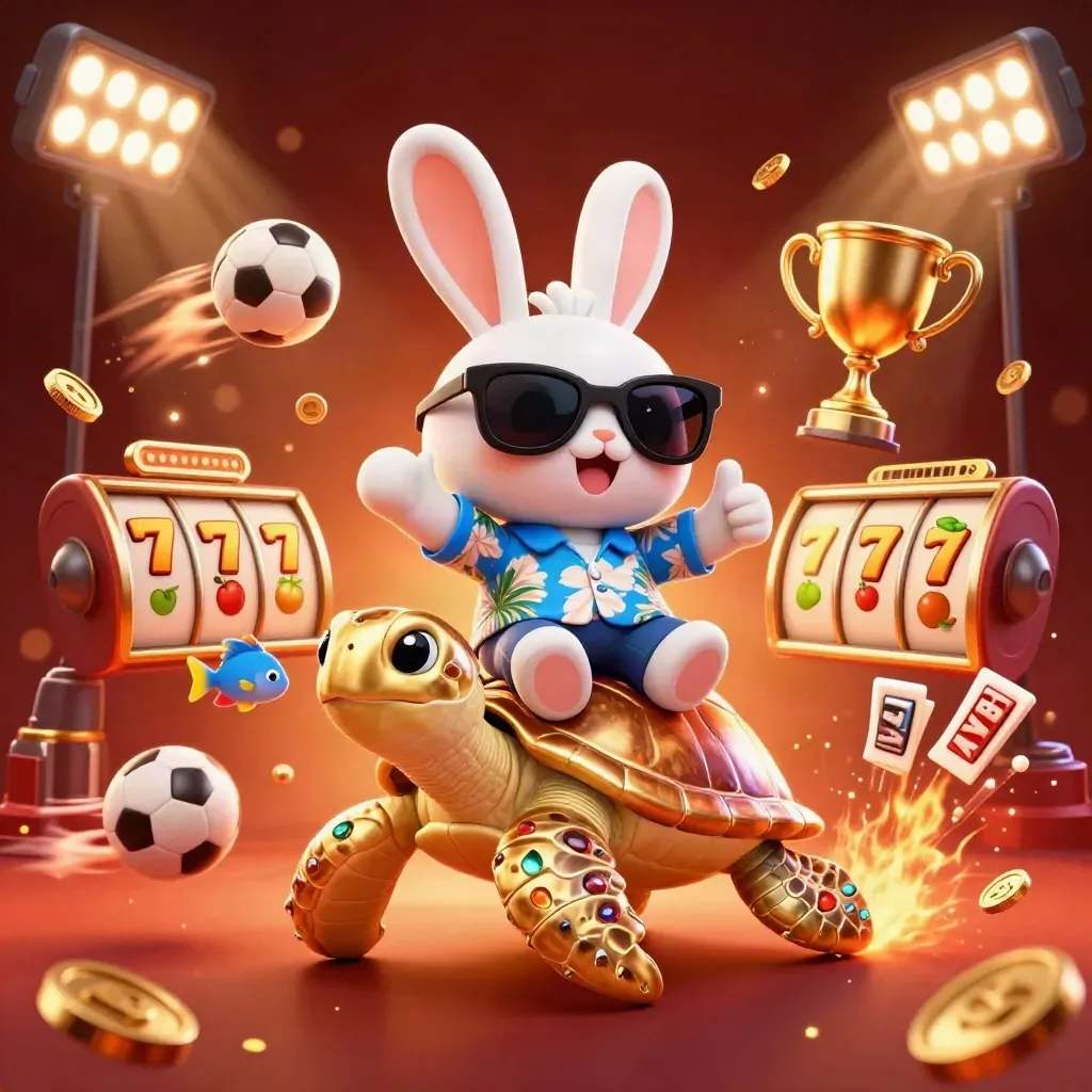 Lucky rabbit on a golden sea turtle amid casino balls, coins, reels, and glowing trophy.