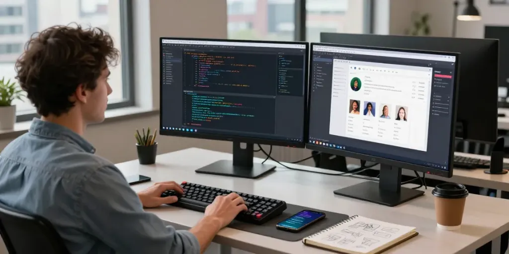 Pengembang diana4d sedang bekerja di kantor modern dengan layar ganda dan catatan, menciptakan suasana inovatif.